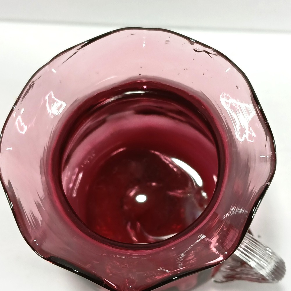 Vintage Cranberry Glass Pitcher Ruffled Rim Clear Applied Handle 4.25 inch - Picture 5 of 8